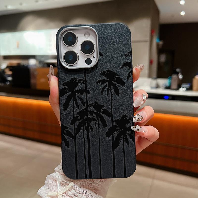 Schwarze Kokosnussbaum-Print-dünne, stoßfeste, weiche TPU-Telefonhülle für iPhone 16 Pro Max 15 Pro 14 13 12 11 Linsenschutzhülle aus mattem Leder