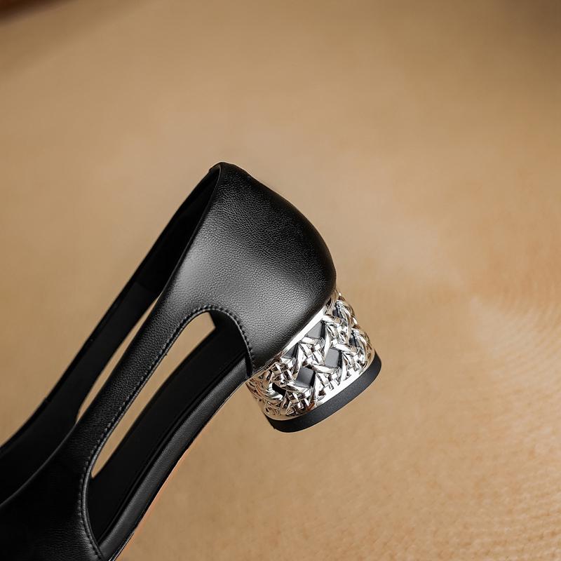 Fashion Women's New Spring/summer Genuine Leather Square Toe Flower Breathable Hollow Middle Heel Color Blocked Single Shoe