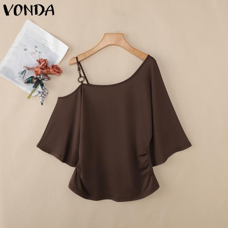 

VONDA Women Summer One Strap Shoulder 3/4 Sleeve Y2K Blouse Tops M светло-коричневого