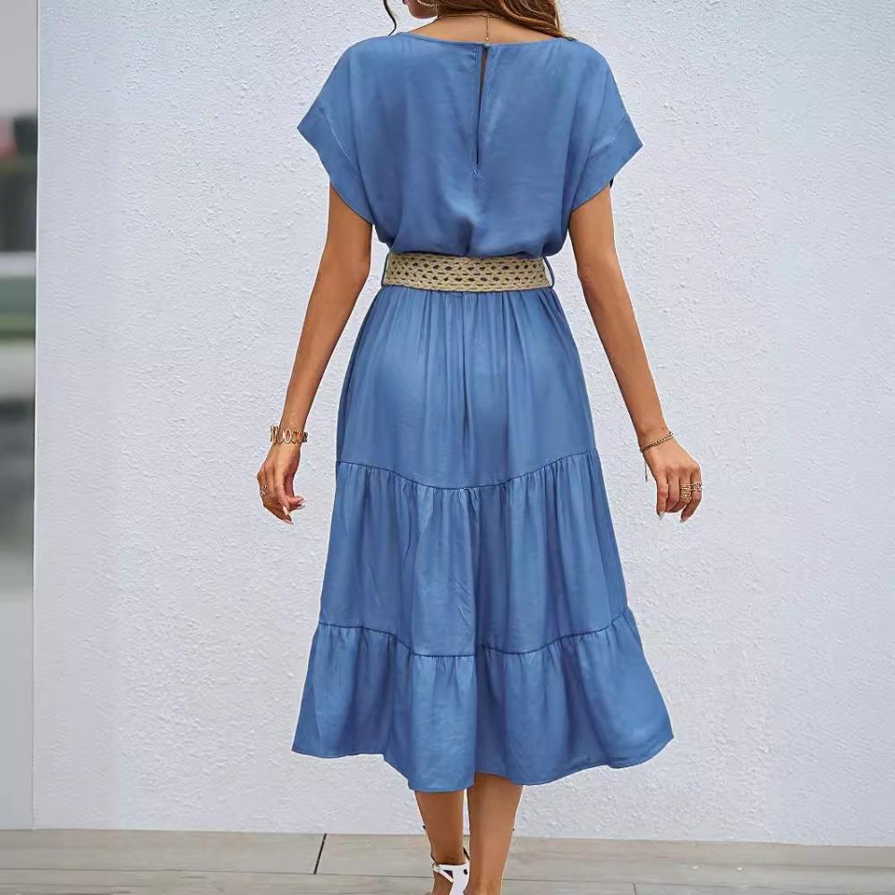 Fashionable and Casual Solid Color Simple Round Neck Short-sleeved Mid-length Dress for Women Without Belt