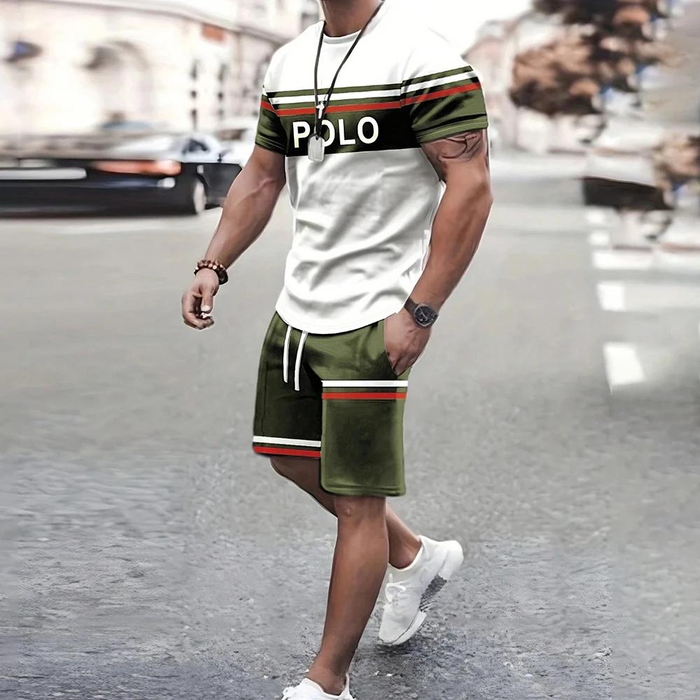 Navy anchor pattern men's set 3D printed summer outdoor short sleeved T-shirt+pants two-piece casual sports plus size men's set