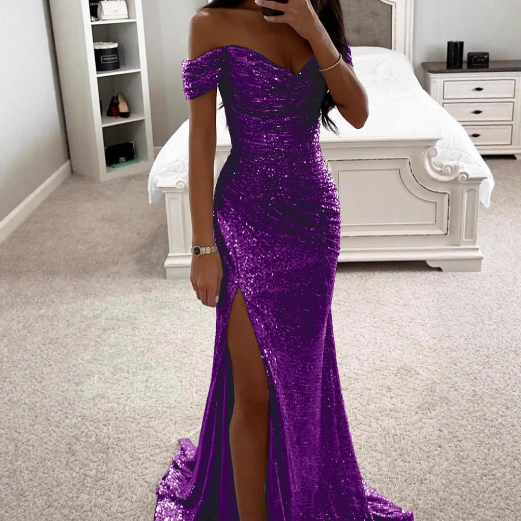 Europäisches & Amerikanisches One-Shoulder Pailletten-Schlitzkleid - Damen Freizeit Party Mode