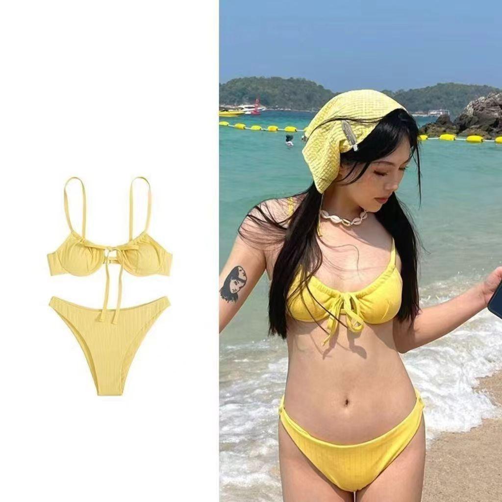 Lemon Yellow Three-Piece Bikini Set - Trendy Xiaohongshu Style for Women, Perfect for Sexy Vacation Photos