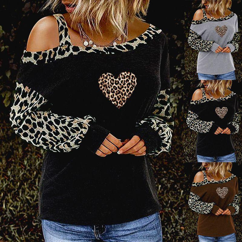 Leopard Womens Print Cold One Shoulder Tshirt Blouse Long Sleeve Casual Tops