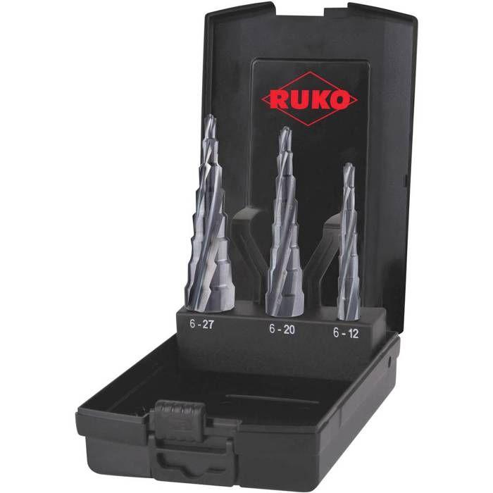 RUKO 101087PRO Jeu De Forets Étagés 3 Pièces 6 - 12 Mm, 6 - 20 Mm, 6 - 27 Mm HSS Tige À 3 Surfaces 1 Set