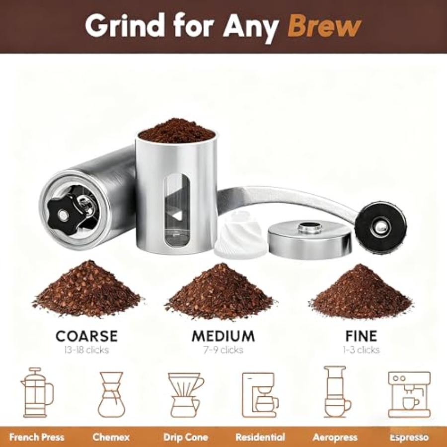 Portable Manual Coffee Grinder with Ceramic Conical Burr for Espresso Drip French Press - Adjustable Coarseness Setting - Hand