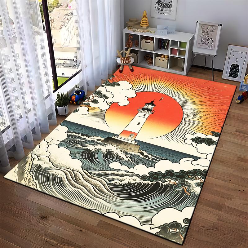 Lighthouse Sunrise Scene Carpet with Ocean Waves and Cloud Design Suitable for use as an anti-slip for living room bedroom sofas