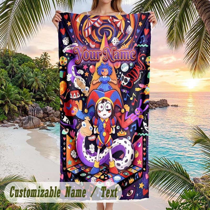 The Amazing Digital Circus Beach Towel, Personalized Custom Text, Quick Dry Soft Large Towel For Swimming Pool Travel