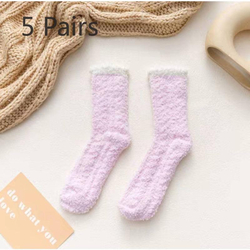 5 Pairs of Female Autumn and Winter Fleece Thick Mid Tube Floor Socks