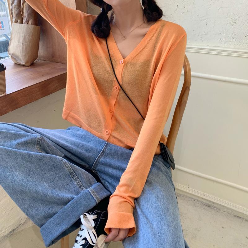 Women Summer Thin Knitted Shirt Top Cardigan V-Neck Full Sleeve Single-breasted Sunscreen Loose Solid Color