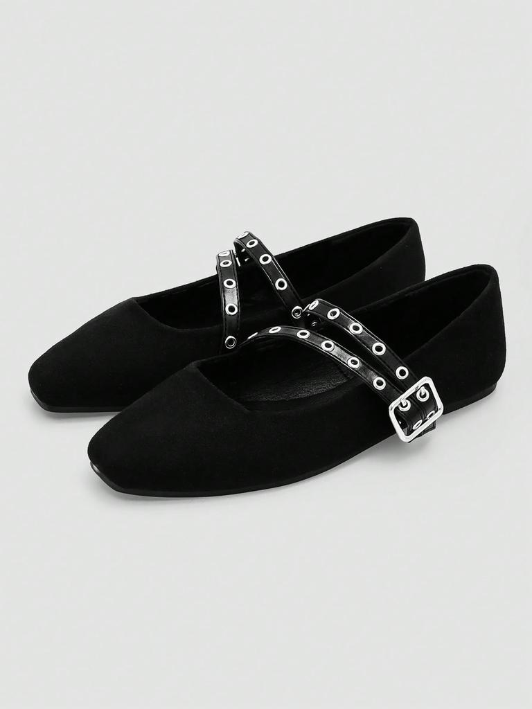 Black Double Buckle Strap Mary Jane Shoes, Retro Silver Ring Buckle Design
