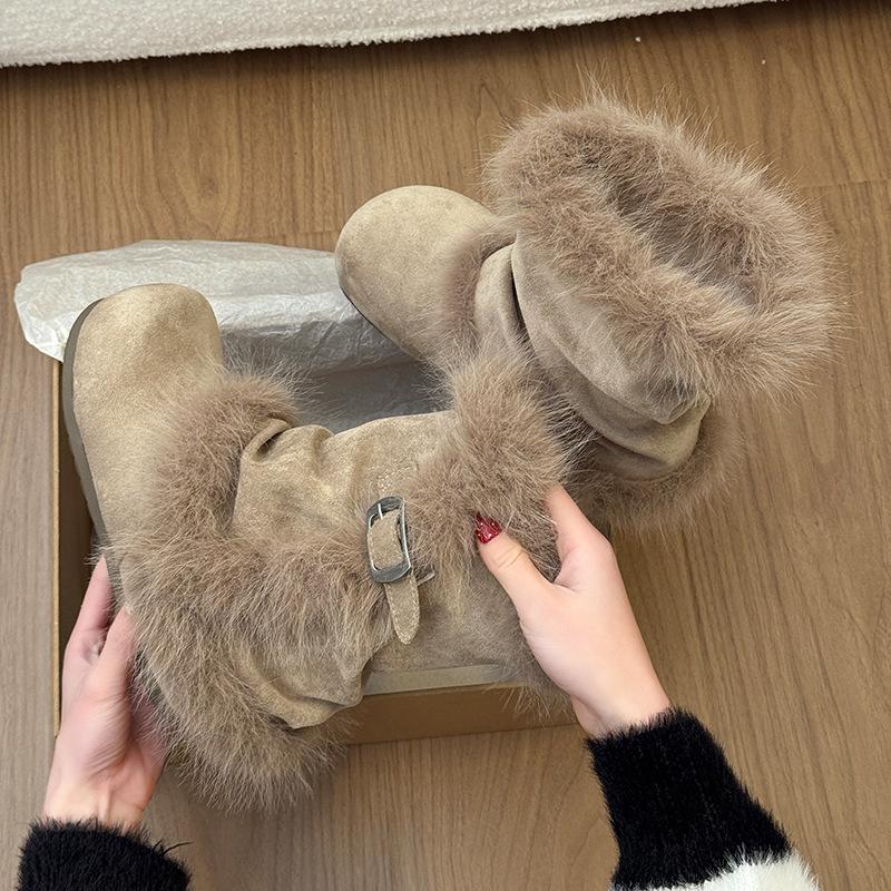 2026 Winter New Style Fleece-Lined Warm Snow Boots for Women, Round Toe with Belt Buckle, Stylish and Elegant Fur Boots