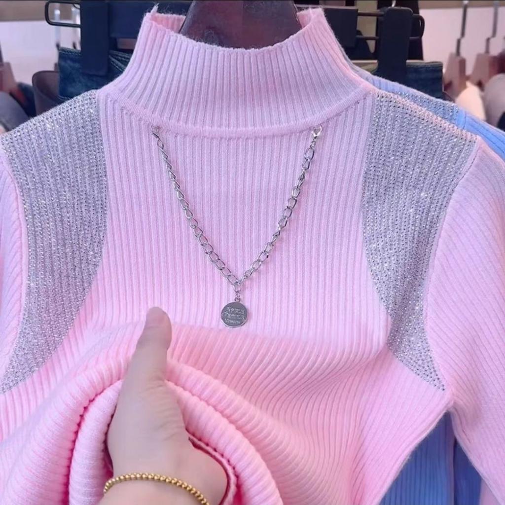 Women's Half Turtleneck Sweater Rhinestone Hollow Knit Pullover Sweater Autumn and Winter Solid Color Slim Fit Sweater Top