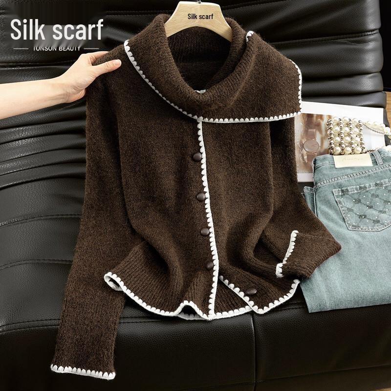 Women s Retro Color Block Wool Blend Scarf Collar Sweater One Size