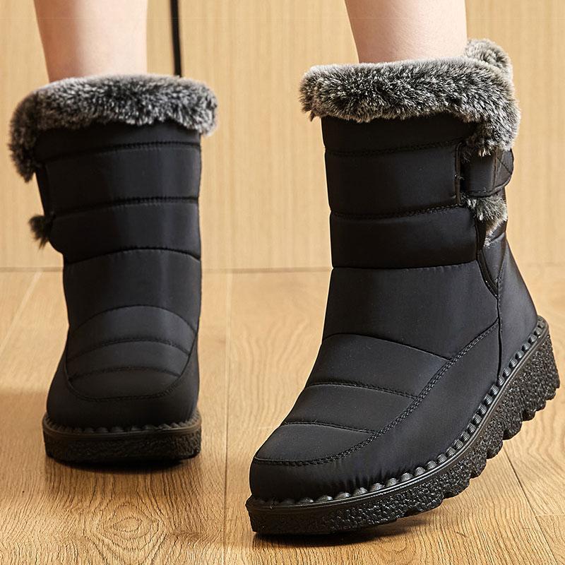 Stiefel Damenstiefel Fell Botas Mujer Superwarme Winterstiefel für Schnee Damen Niedrige Absätze Winterschuhe Frau Schwarzer Gummistiefel