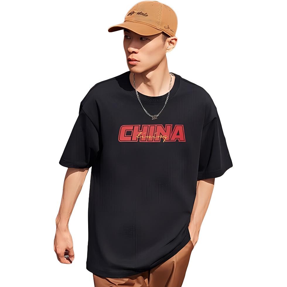 Li Ning Ss23 Letter Print Round Neck Lightweight Running Fitness Short Sleeve T-Shirt Unisex Tops Black YTST053-2