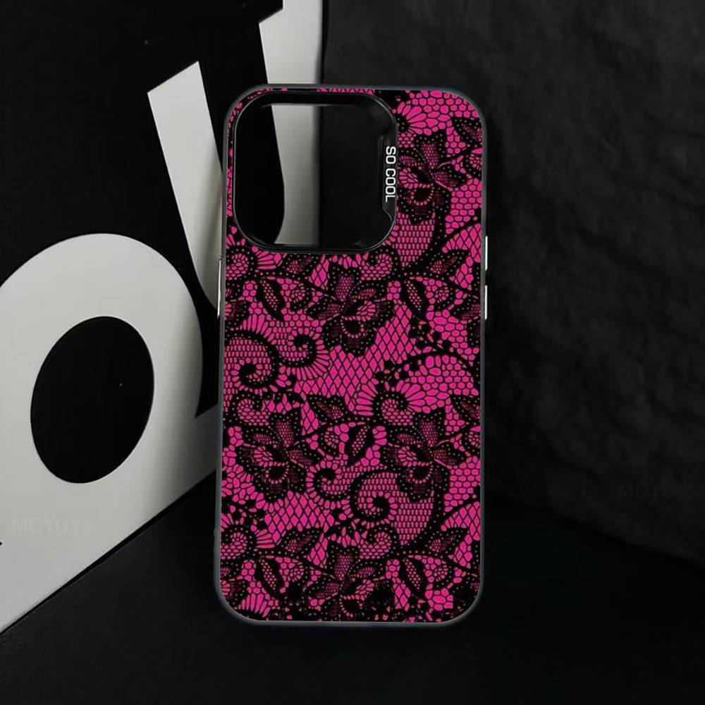 B-Black lace print Phone Case For iPhone 17,16,15,14,13,12,11 Plus,Pro Max,XS,Colorful Silver Black Cover