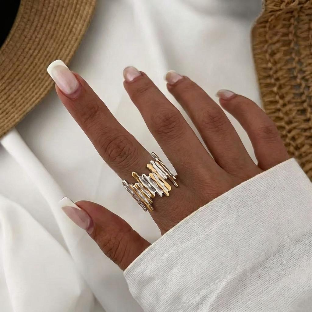 Stainless Steel Geometric Sun Open Ring for Women French Minimalist Two Colors Splicing Finger Ring Waterproof Jewelry Gift