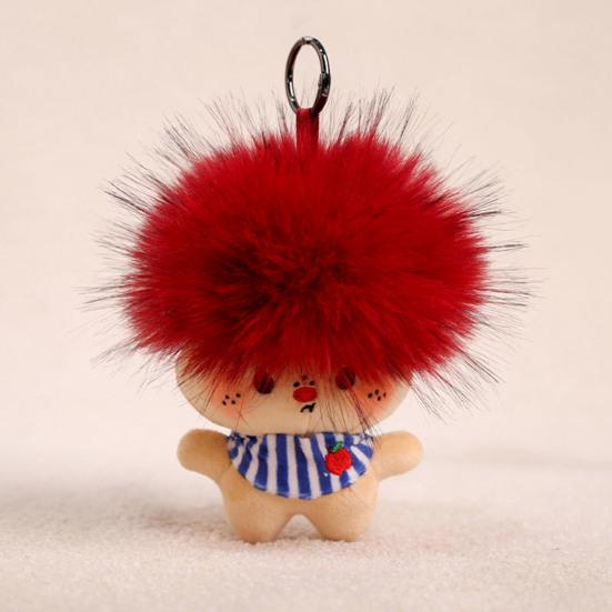 Funny Plush Keychain Cute Bag Charms with Pom Pom Hair Soft Stuffed Keyrings for Handbag Backpack Purse Accessory