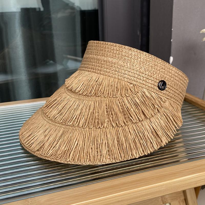 Designer  Brand Sun Fringe Straw Hat Women'S Summer Empty Top Sun Hat Outdoor Parma Uv Protection Beach Sun Hat