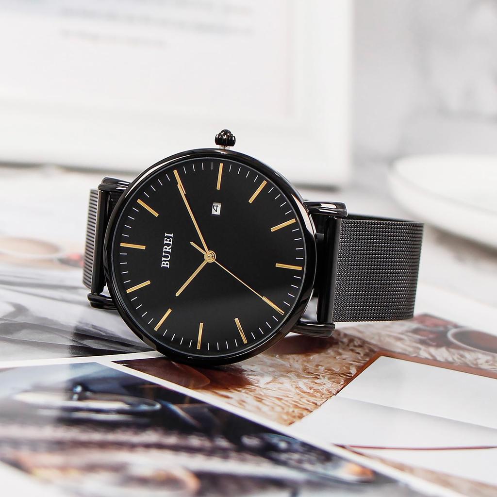 BUREI Men's Analog Quartz Watch with Date Display, Waterproof, Popular, Simple, Stylish, Milanese Mesh Strap, Perfect for Commuting (Gold, Black, Stai