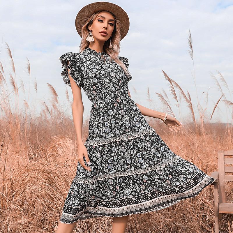Summer retro ethnic style slim-fitting fungus edge floral dress