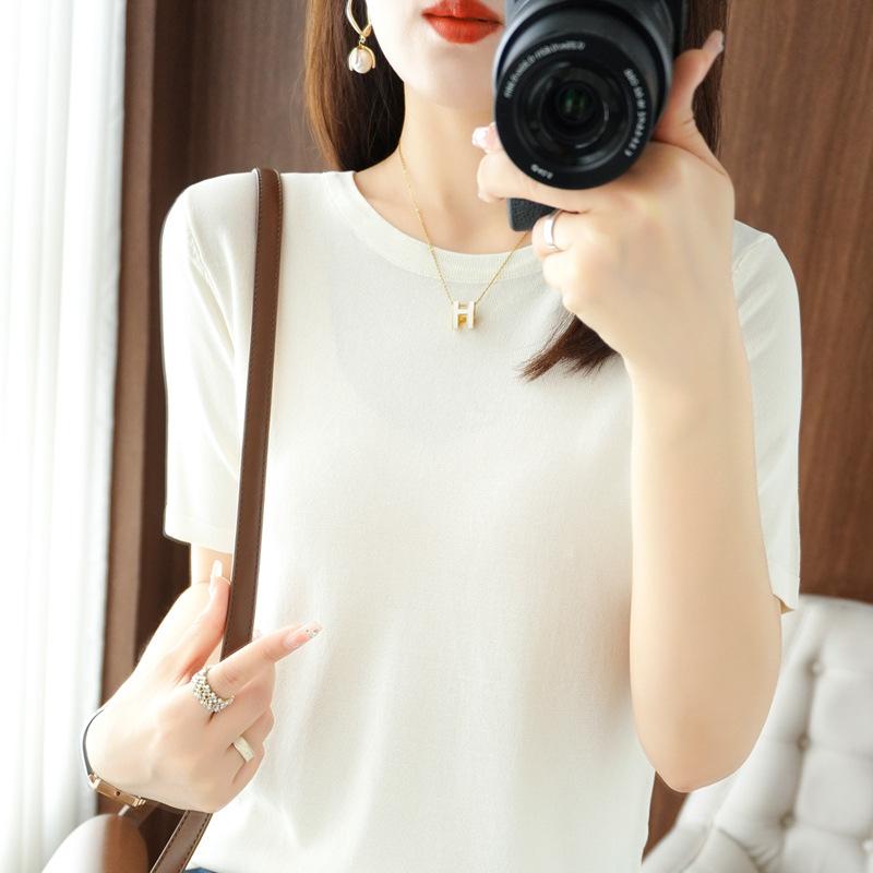 

Round Neck Ice Silk Short-sleeved Knitted T-shirt Summer Loose Half-sleeved Thin Solid Color Versatile Temperament Top S