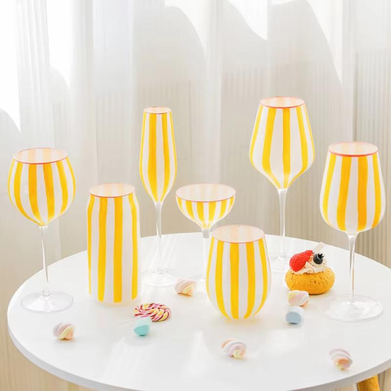 Hand Painted Colorful Striped Cocktail Goblet Water Cup Creative Red Wine Glass Set Party Wedding Barware