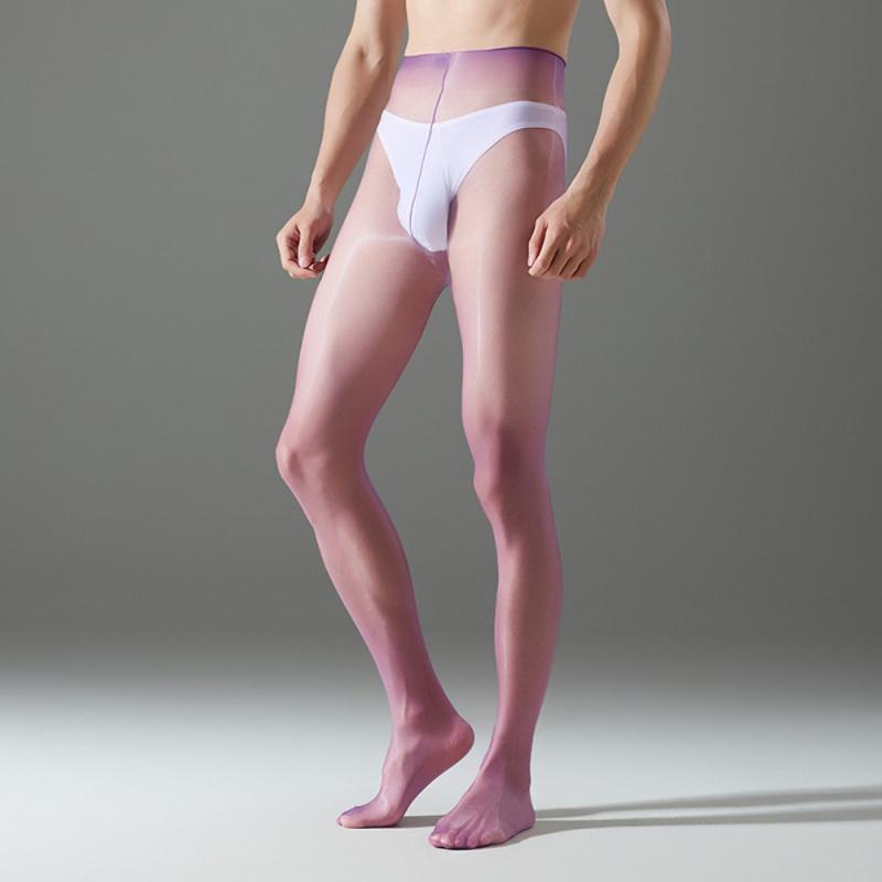 Ultra-Thin Men's Stockings Sexy Transparent Aurora Oil Shiny Glitter Waistless One-Line Crotch Pantyhose Erotic Penis Sheath Pou
