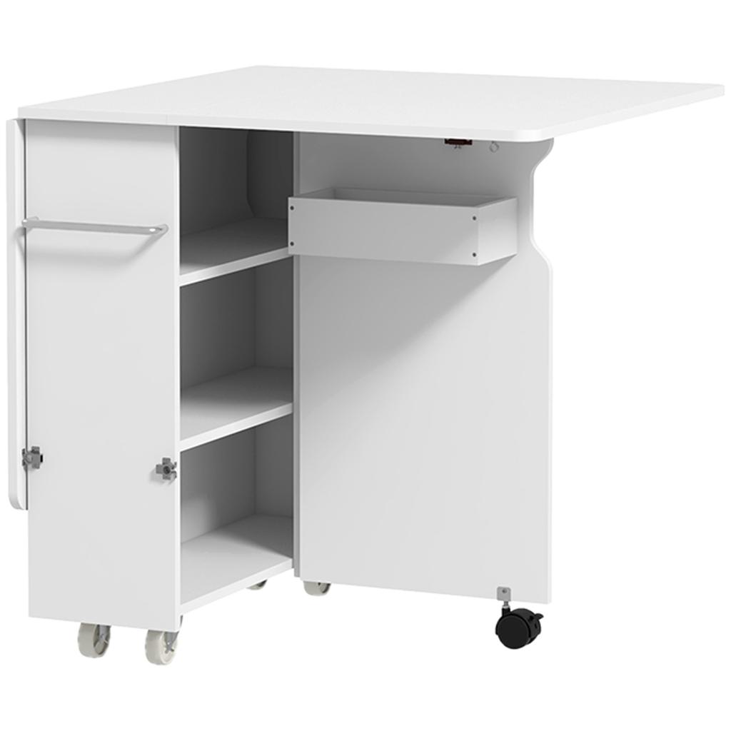 Folding Drop-Leaf Table with 3-Level Shelves, Box and Wheels, in MDF, 130x80x76.5 cm, White