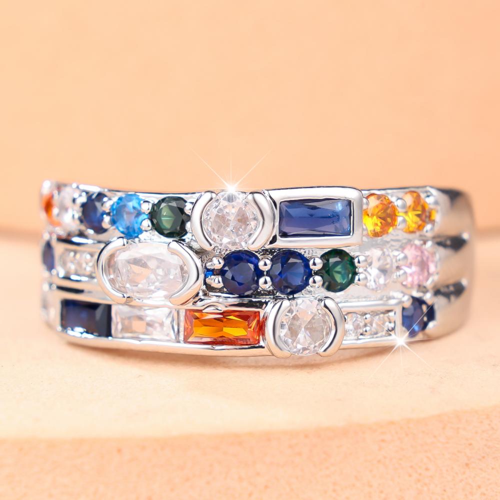 Trendy Silver Ring Multi Color Zircon Mixed Cut Stackable Finger Jewelry for Women