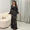 European Beautiful Women's New V-neck Lace-up Long-sleeved Dress A Word Big Pendulum Floral Dress