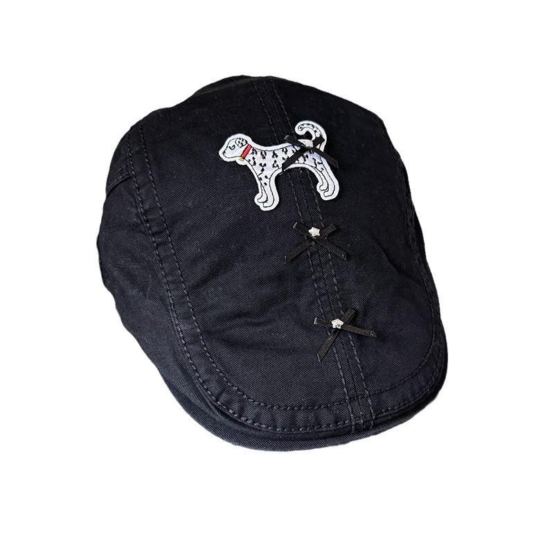 Retro With Beret Bow Decor And Cute Dogs Embroidered Design For Daily Use