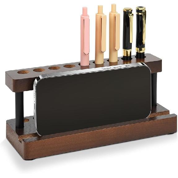 Wooden Pen Holder for Desk, Pencil Holder Wood Fountain Pens Display Stand with 9 Slots and Cell Phone Holder, Pen Organizer for Office, Home Black Walnut Color