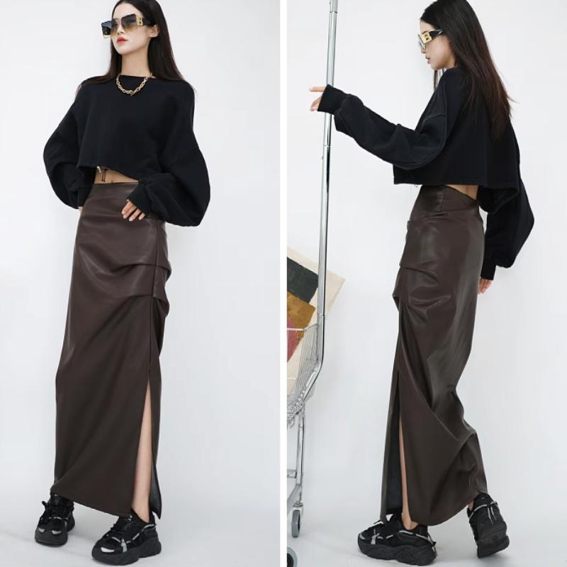 Black High Waist Folds Side Split Pu Leather Skirts For Women Autumn Winter Elegant Brown Bodycon Long Skirts