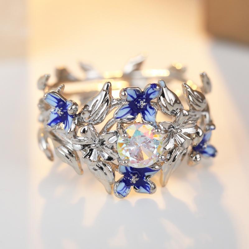 Dazzling Inlaid Imitation Moonstone Enamel Women's Ring CopperColor Hand Carving Flower Party Jewelry Anniversary Gift
