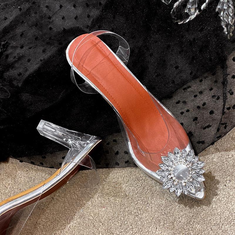 Large size summer pointed head fashion bag head high heels versatile women's crystal heel cool slippers 43