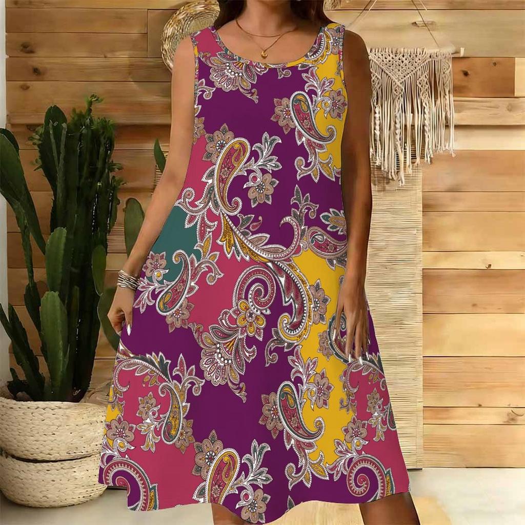Women Plus Size Round Neck Sleeveless Short Dress Ethnic Paisley Floral Striped Print Lightweight Summer Loose Dress