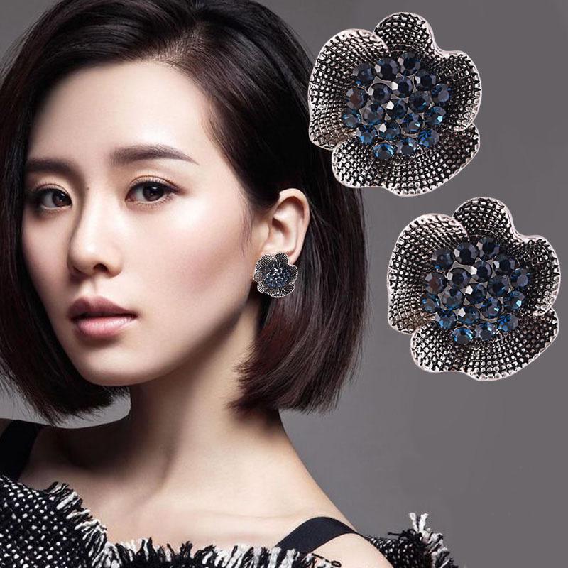 Elegant Women Blue Stone Rose Flower Ear Clip Earring Jewelry Fashion Gifts KTJ
