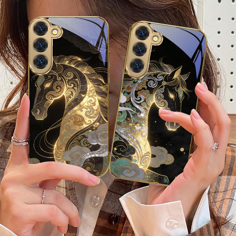 Ruishou Golden Steed For Samsung Galaxy S26 S20 FE S21 S22 S23Plus S24 Ultra 25Ultra S21+ S9 S22 S8 S23 Golden Glass Phone Case