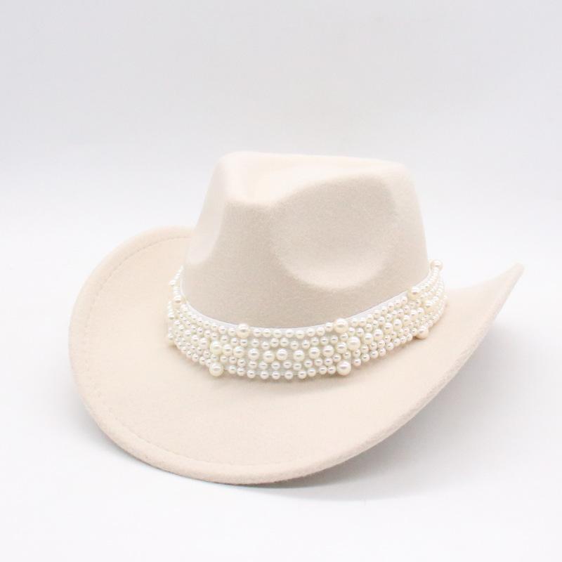 Premium Western Cowboy Hat British Elegant Jazz Hat Pearl Top Hat Big Eaves Hat Women'S Wool Hat