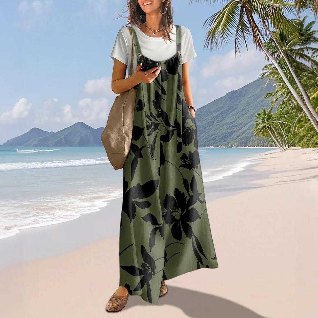 Casual Wide Leg Jumpsuits For Women Boho Floral Pleated Overalls Rompers Summer Outfits With Pockets