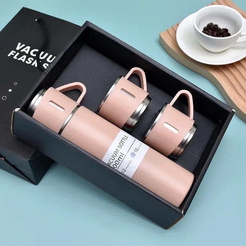 500ML 3-Tassen-Deckel Outdoor Heißwasser Thermoisolierung Neue Edelstahl-Vakuumflasche Geschenkset Thermoskanne Business-Stil