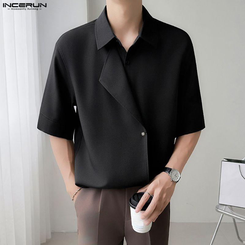INCERUN Men Summer Lapel Neck Short Sleeve Buttons Casual Shirts Tops