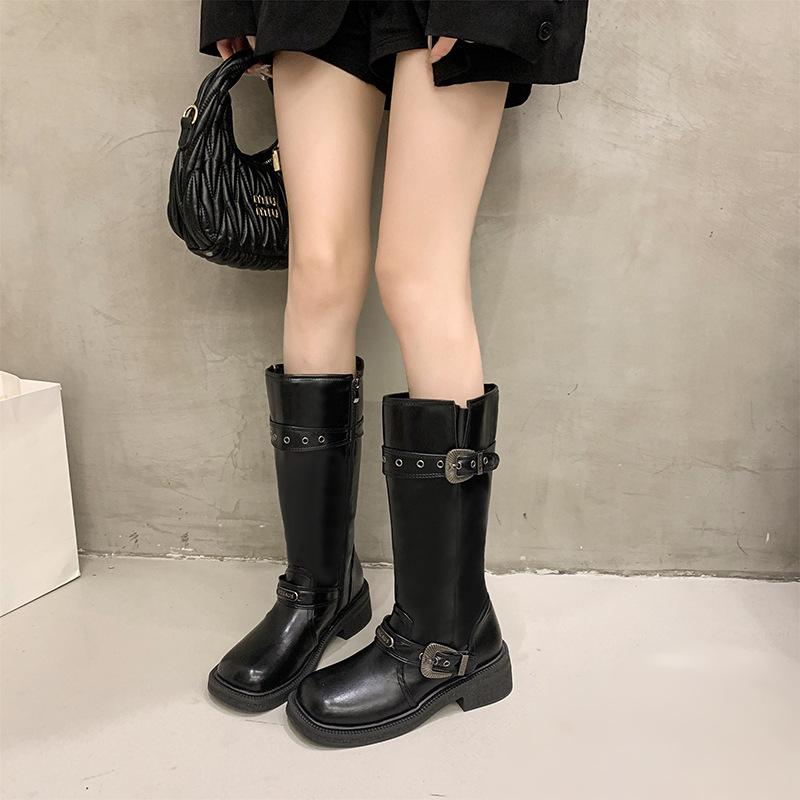 Thick-soled Brown Maillard Locomotive Boots Women's Shoes New Spring, Autumn and Winter Thin Medium and Long Boots