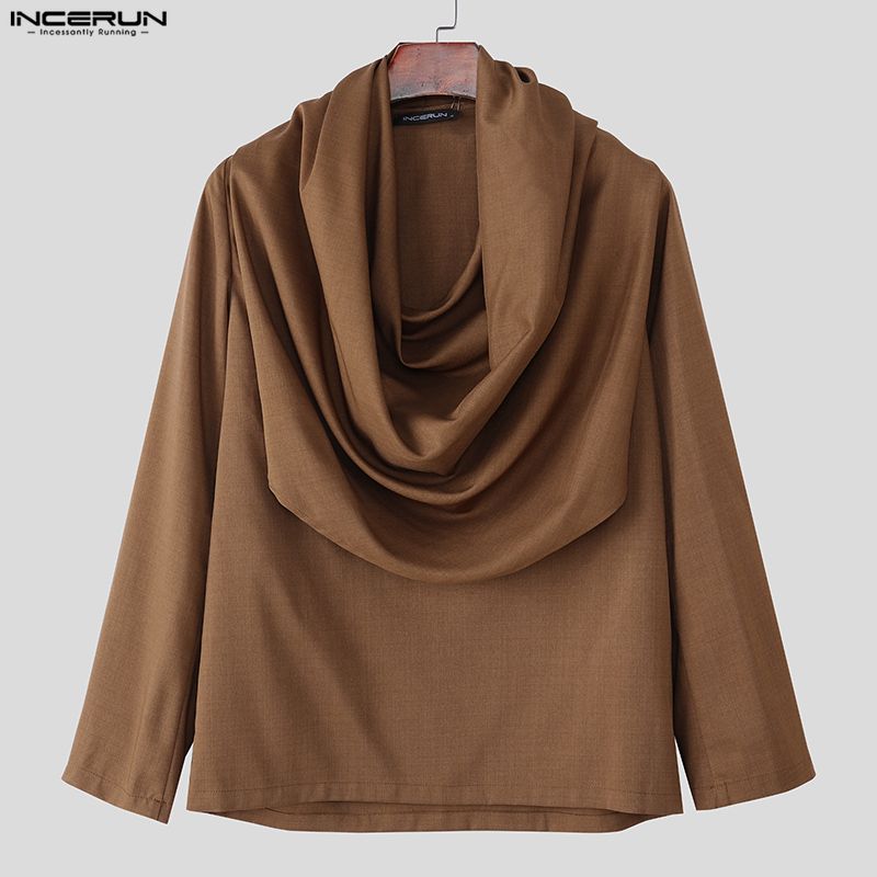 INCERUN Spring Men Swing Collar Low Cut Long Sleeve Casual Loose Solid Shirts Tops