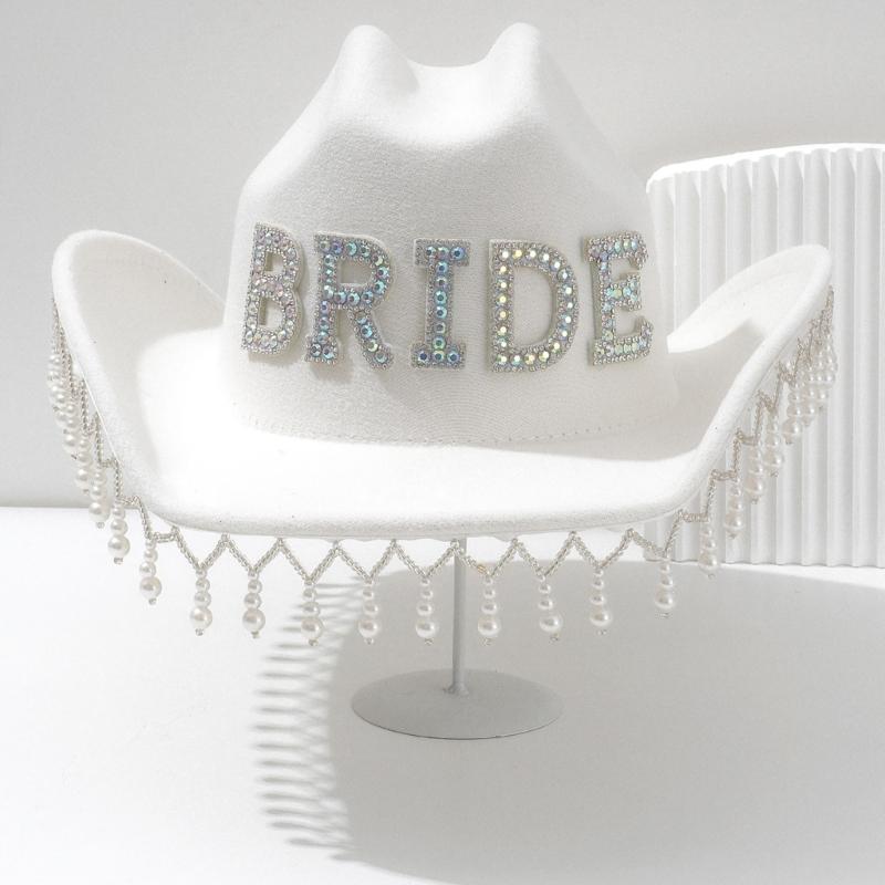 Luxurious Pearls Cowboy Hats Bride Hat Panama Hat for Bachelorette Party Cowboy Hats for Club Stage Shows
