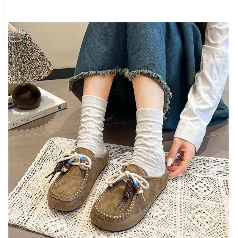 Fashion Women's Flat Shoes Cover Toe Slingback Lace-up String Bead One Kick Increased Internal Slippers All-match RetroSuede Women Shoes