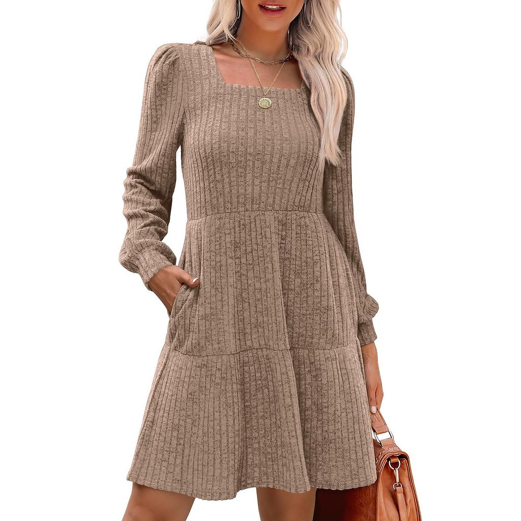 Womens  Square Neck Long Sleeve Dress Casual  Knit Dress With Pockets
