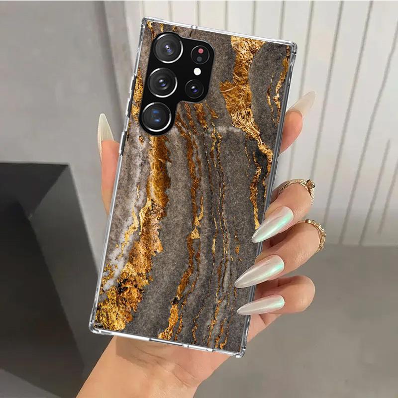 Fashion Gold Pink Geometric Marble Phone Case for Samsung Galaxy S26 S24 S23 Ultra S25 Edge S22 S21 Plus S20 FE + Soft Print She